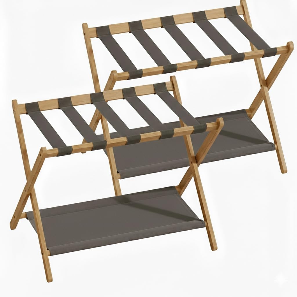 Bamboo Luggage Rack for Guest Room, 26.77" Folding Wide Suitcase Stand with Fabric Storage Shelf, Thickened Luggage Stand Holder for Bedroom Hotel, Luggage Rack for Suitcases (1 Pack - Tea brown)