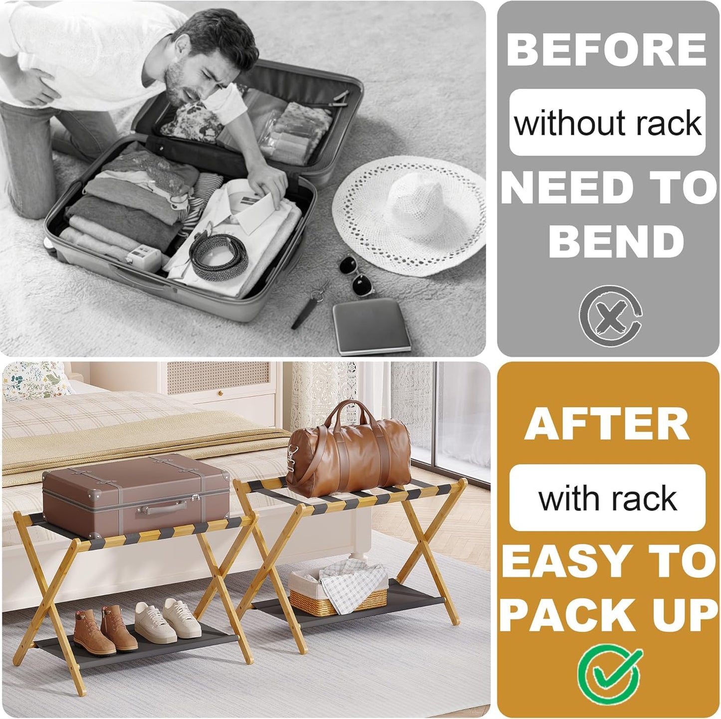 Bamboo Luggage Rack for Guest Room, 26.77" Folding Wide Suitcase Stand with Fabric Storage Shelf, Thickened Luggage Stand Holder for Bedroom Hotel, Luggage Rack for Suitcases (1 Pack - Natural)