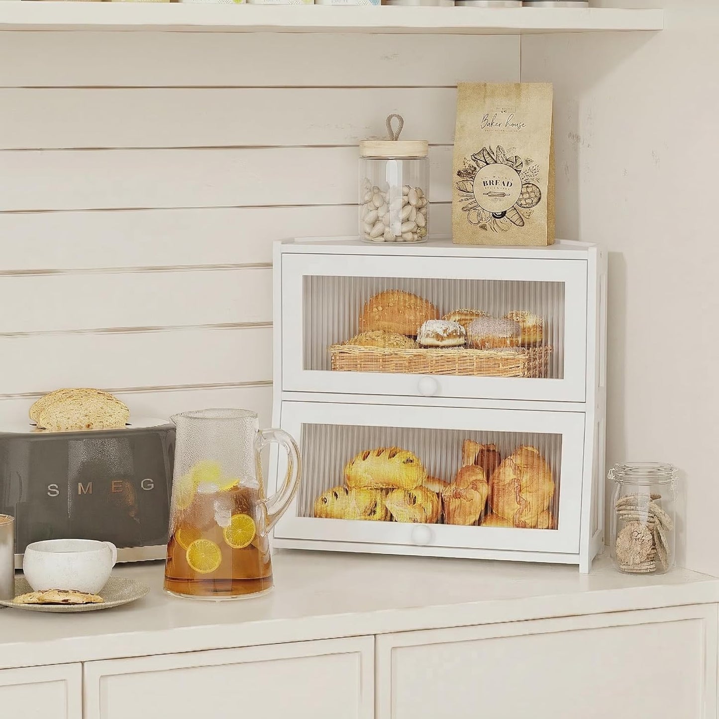 Corner Bread Box for Kitchen Countertop, Double Layer Bamboo Bread Storage Container with Wavy Windows, Farmhouse Large Bread Bin, Wooden Breadbox Holder for Homemade Bread (White)