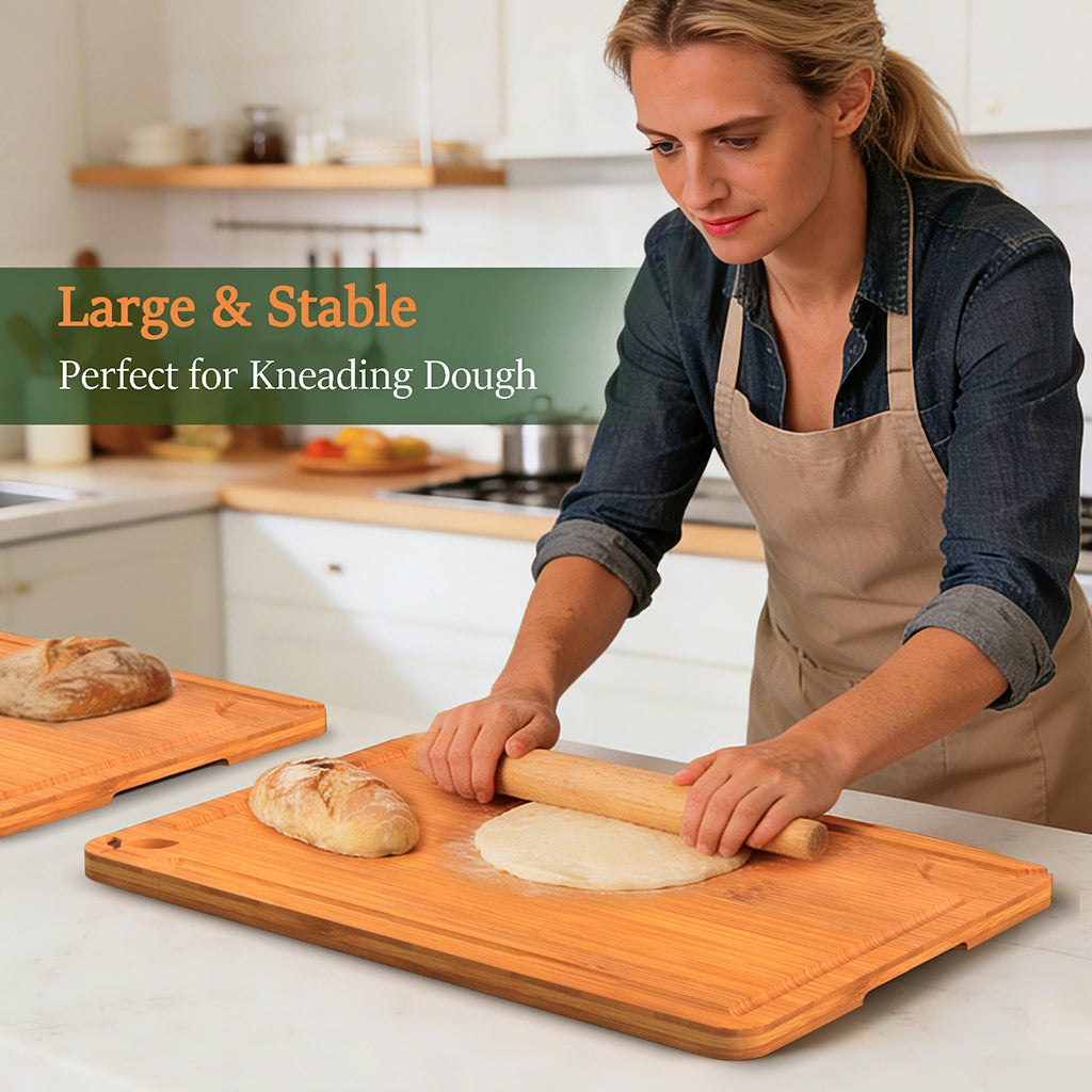Cutting Board for Kitchen Meal Prep and Serving, Carbonized Bamboo Wood Butcher Block Chopping Board with Deep Juice Grooves and Side Handles for Meat, Bread, and Dough Kneading