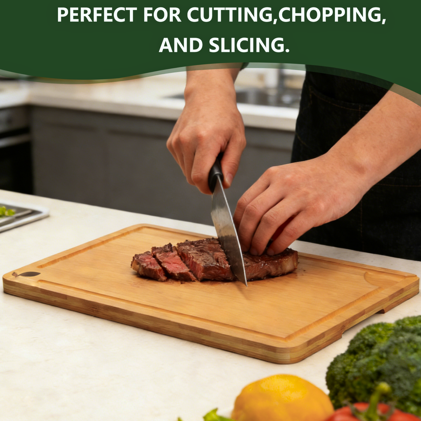 Cutting Board for Kitchen Meal Prep and Serving, Carbonized Bamboo Wood Butcher Block Chopping Board with Deep Juice Grooves and Side Handles for Meat, Bread, and Dough Kneading