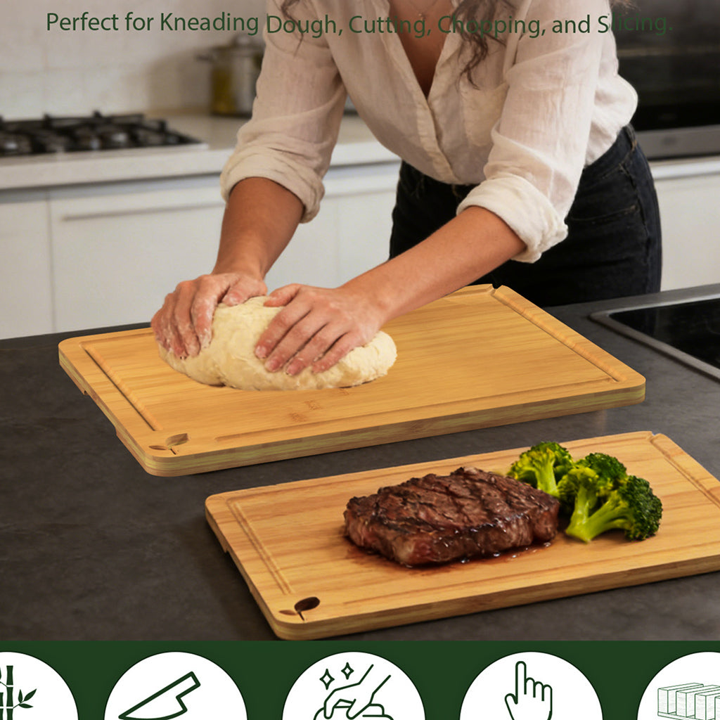 Cutting Boards for Kitchen,Bamboo Cutting Board Set of 2, Large and X-Large Carbonized Chopping Boards with Deep Juice Grooves and Handles for Meat, Bread, Dough Kneading and Cheese