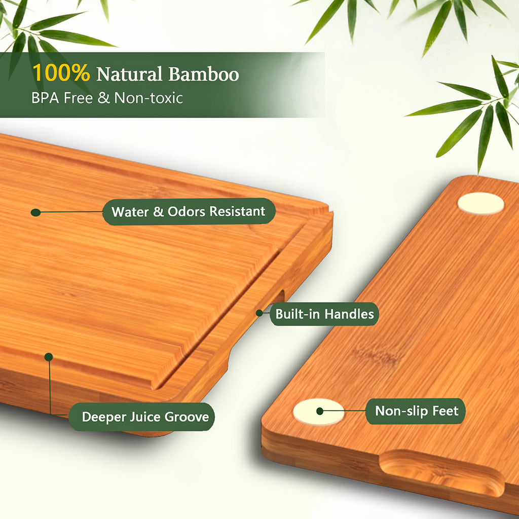 Cutting Board for Kitchen Meal Prep and Serving, Carbonized Bamboo Wood Butcher Block Chopping Board with Deep Juice Grooves and Side Handles for Meat, Bread, and Dough Kneading