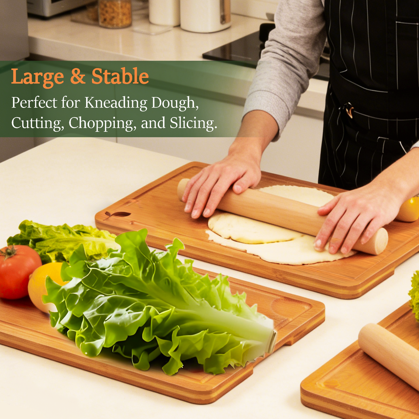 Cutting Boards for Kitchen, Bamboo Cutting Board Set of 3 with Storage Stand, Carbonized Chopping Boards with Deep Juice Grooves and Handles for Meat, Bread, Dough Kneading and Food Prep