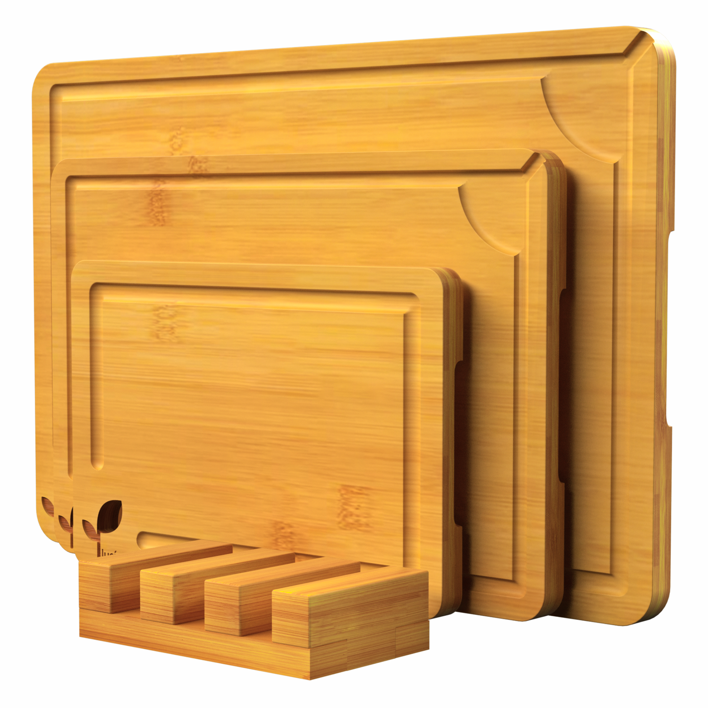 Cutting Boards for Kitchen, Bamboo Cutting Board Set of 3 with Storage Stand, Carbonized Chopping Boards with Deep Juice Grooves and Handles for Meat, Bread, Dough Kneading and Food Prep