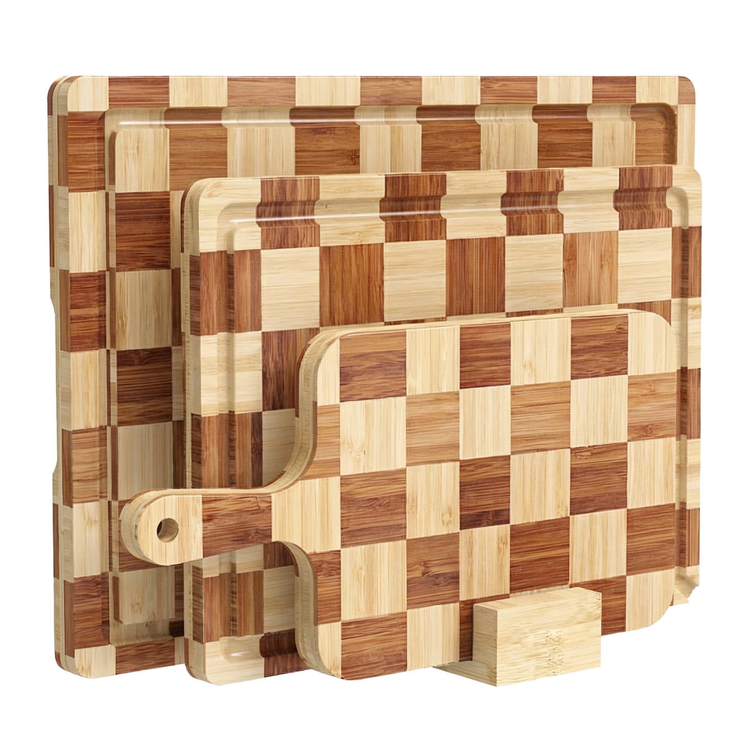 Cutting Board,Heavy Duty Cutting Board Set of 3 with Stand,End Grain Butcher Block Cutting Boards for Kitchen with Juice Grooves and Handles for Meat, Cheese, Charcuterie and Serving