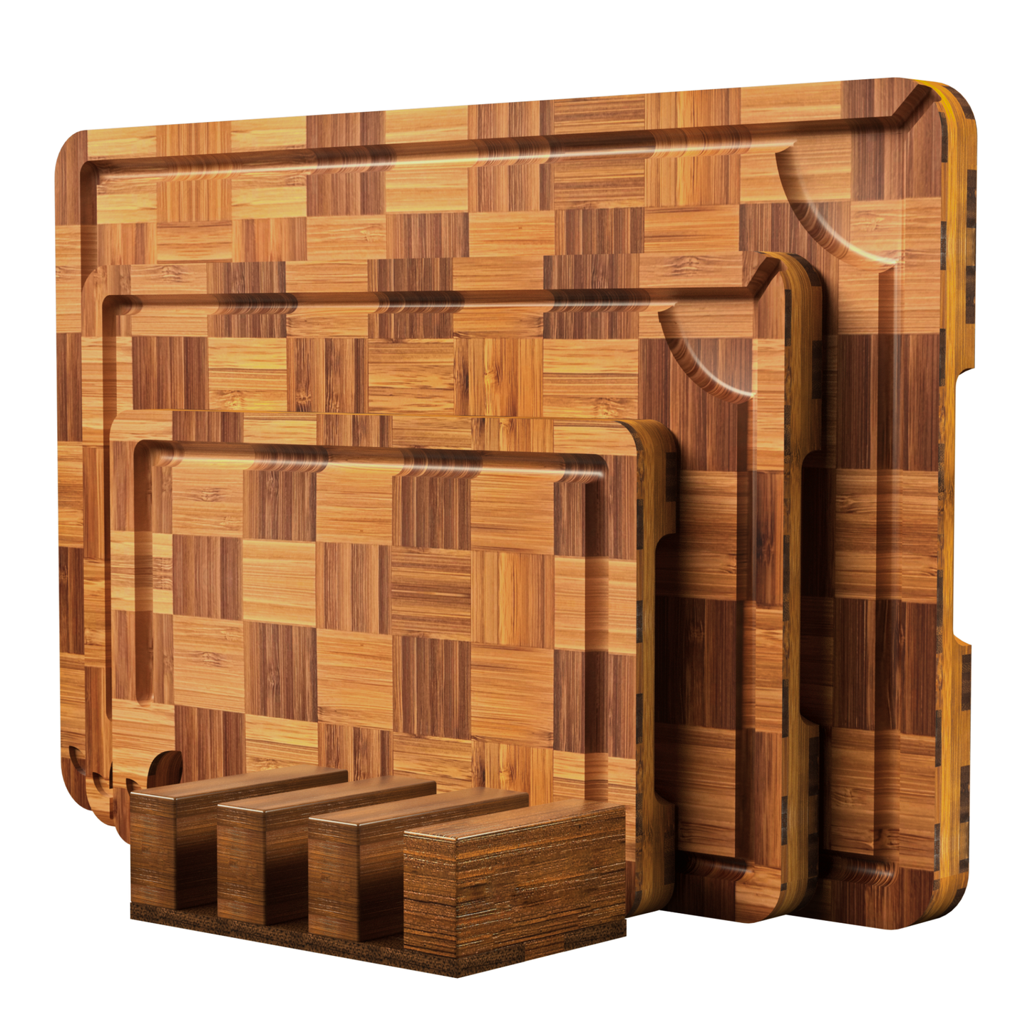 Bamboo Cutting Board Set of 3 with Stand, Checkered End Grain Cutting Boards for Kitchen with Deep Juice Grooves for Meat, Cheese, Charcuterie and Kitchen Prep