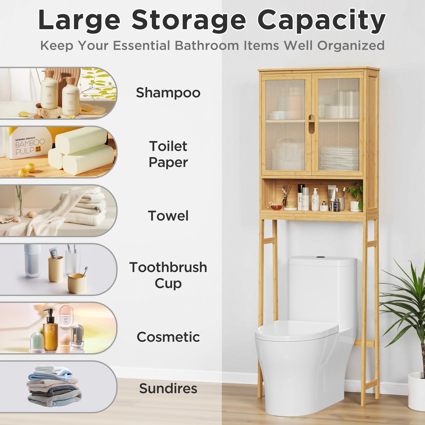 Over The Toilet Storage Cabinet, Bamboo Bathroom Over Toilet Storage Organizer with Adjustable Shelves and Double Doors, Above Toilet Storage Cabinet (Natural)