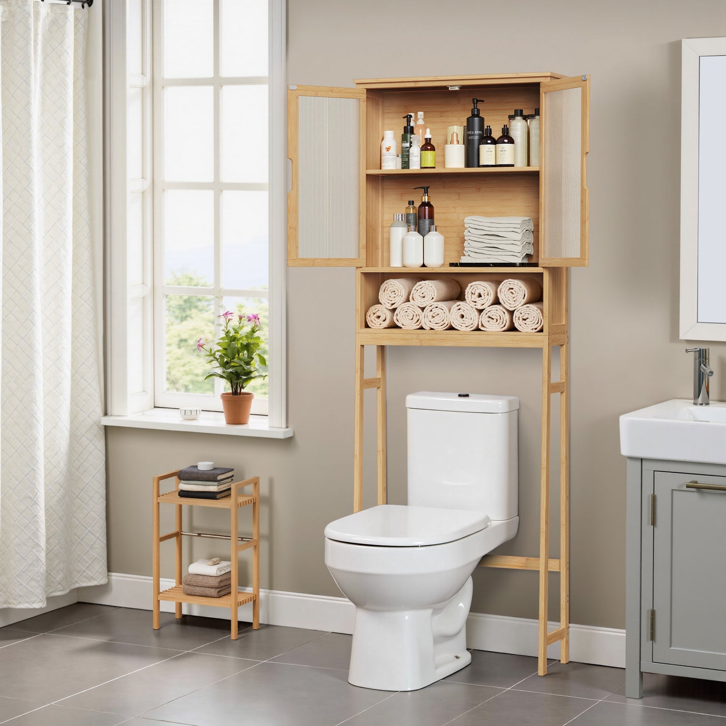 Over The Toilet Storage Cabinet, Bamboo Bathroom Over Toilet Storage Organizer with Adjustable Shelves and Double Doors, Above Toilet Storage Cabinet (Natural)
