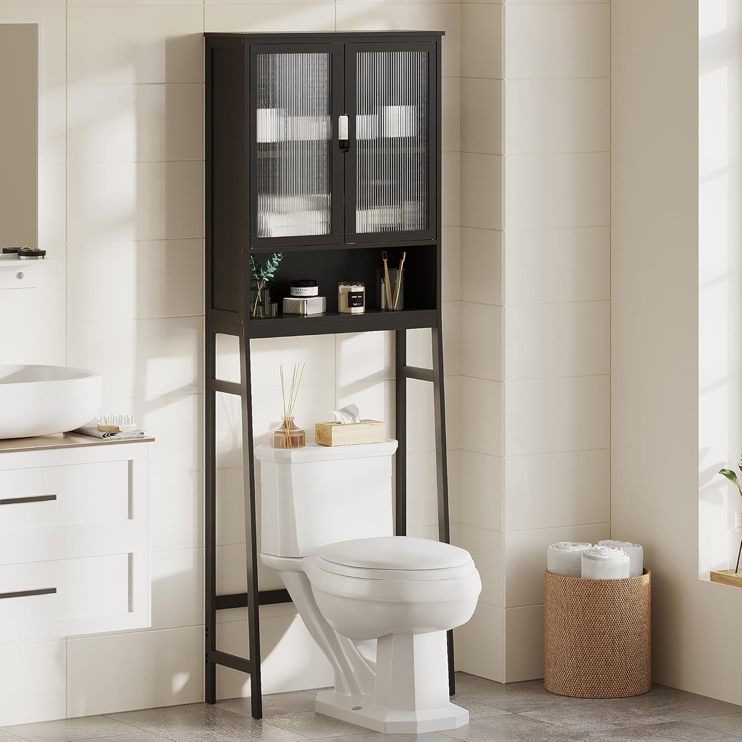 Over The Toilet Storage Cabinet, Bamboo Bathroom Over Toilet Storage Organizer with Adjustable Shelves and Double Doors, Above Toilet Storage Cabinet (Black)