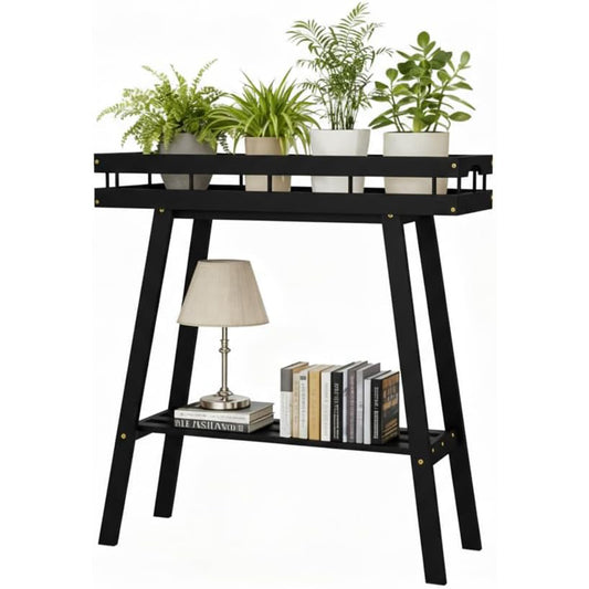 Bamboo Plant Stand Indoor, 2 Tier Small Plant Table, Tall Plant Stand for Indoor Plants, Window Sill Plant Shelf, Flower Pot Holder Plant Bench Plant Rack for Living Room, Black