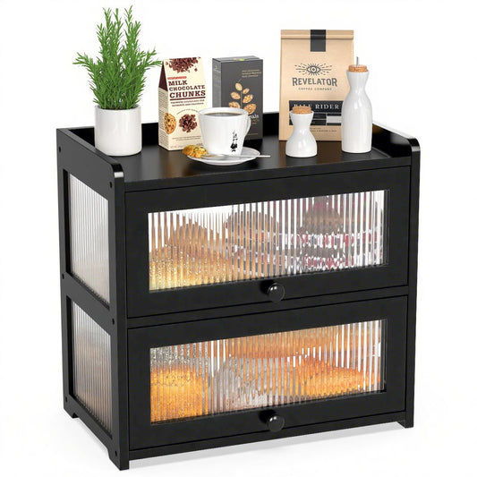 Extra Large Bamboo Bread Box for Kitchen Counter, Double Layer Bread Storage Container Farmhouse Bread Box with 4 Sides Transparency, Breadbox Bin Holder for Homemade Bread, Black