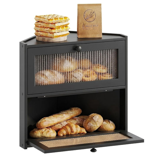 Corner Bread Box for Kitchen Countertop, Double Layer Bamboo Bread Storage Container with Wavy Windows, Farmhouse Large Bread Bin, Wooden Breadbox Holder for Homemade Bread (Black)