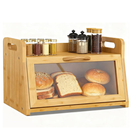 Extra Large Bread Box, Bread Box for Homemade Bread, Bamboo Wooden Bread Storage Container with Tool Holder & Handles & Window, Assembly Required(14.9" x 9.8" x 9.4") Natural
