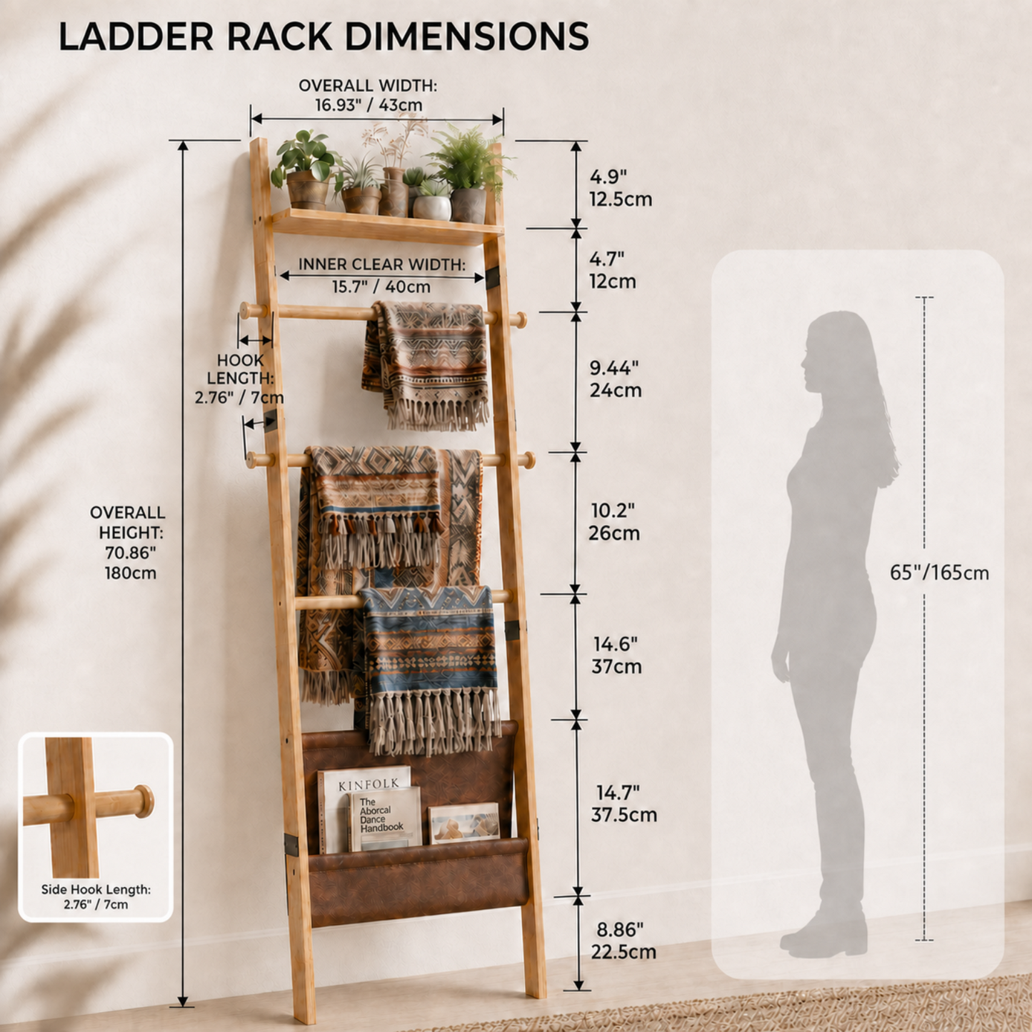 BAMBANG 71" 4-in-1 Blanket Ladder for Living Room, 5-Tier Leaning Bamboo Decorative Towel & Quilt Rack with Magazine Leather Pocket, 4 Removable Hooks, Space-Saving Shelf for Bedroom