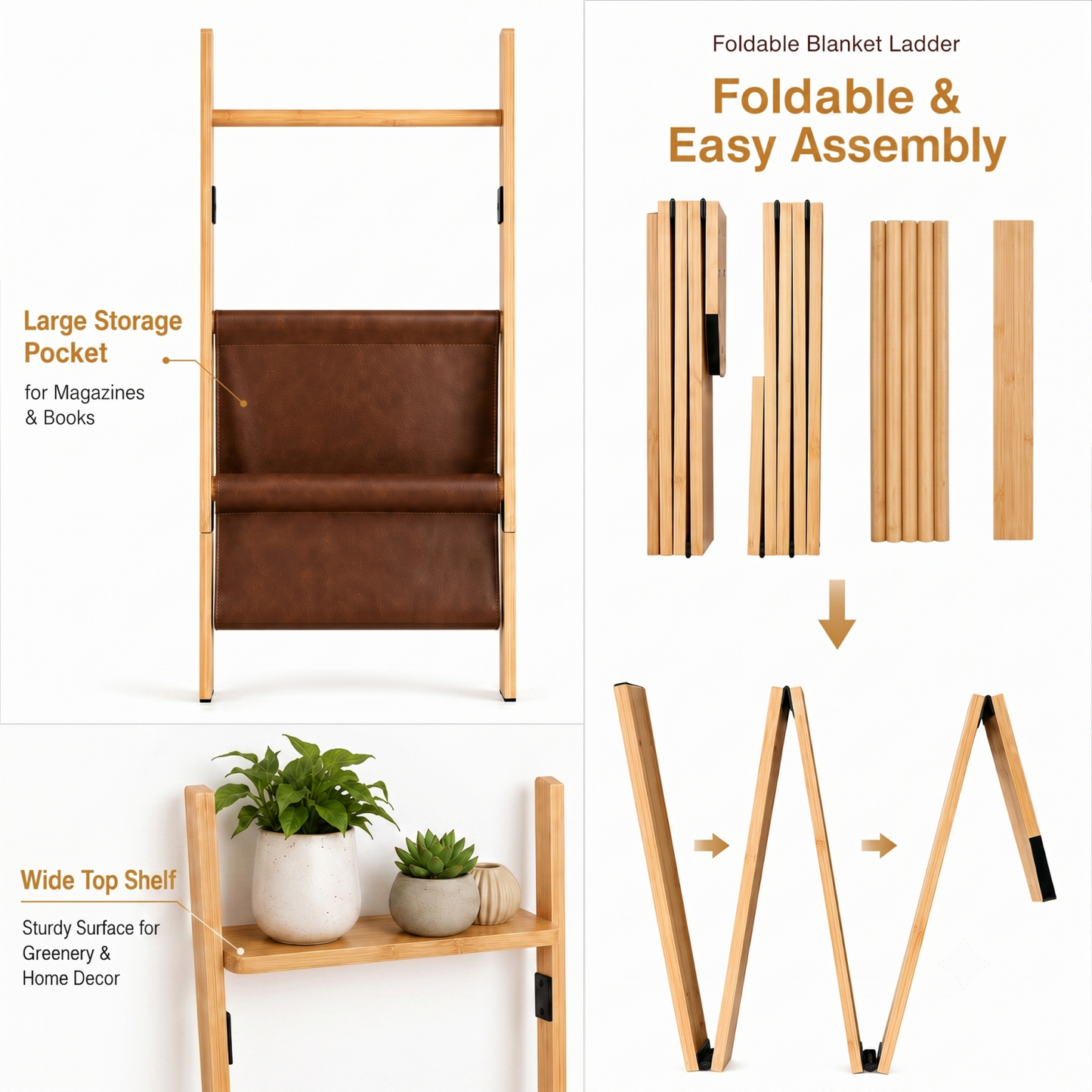 BAMBANG 71" 4-in-1 Blanket Ladder for Living Room, 5-Tier Leaning Bamboo Decorative Towel & Quilt Rack with Magazine Leather Pocket, 4 Removable Hooks, Space-Saving Shelf for Bedroom