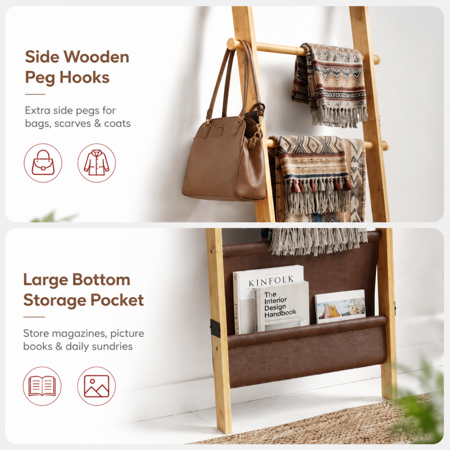 BAMBANG 71" 4-in-1 Blanket Ladder for Living Room, 5-Tier Leaning Bamboo Decorative Towel & Quilt Rack with Magazine Leather Pocket, 4 Removable Hooks, Space-Saving Shelf for Bedroom