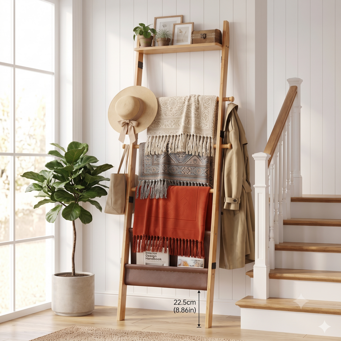 BAMBANG 71" 4-in-1 Blanket Ladder for Living Room, 5-Tier Leaning Bamboo Decorative Towel & Quilt Rack with Magazine Leather Pocket, 4 Removable Hooks, Space-Saving Shelf for Bedroom