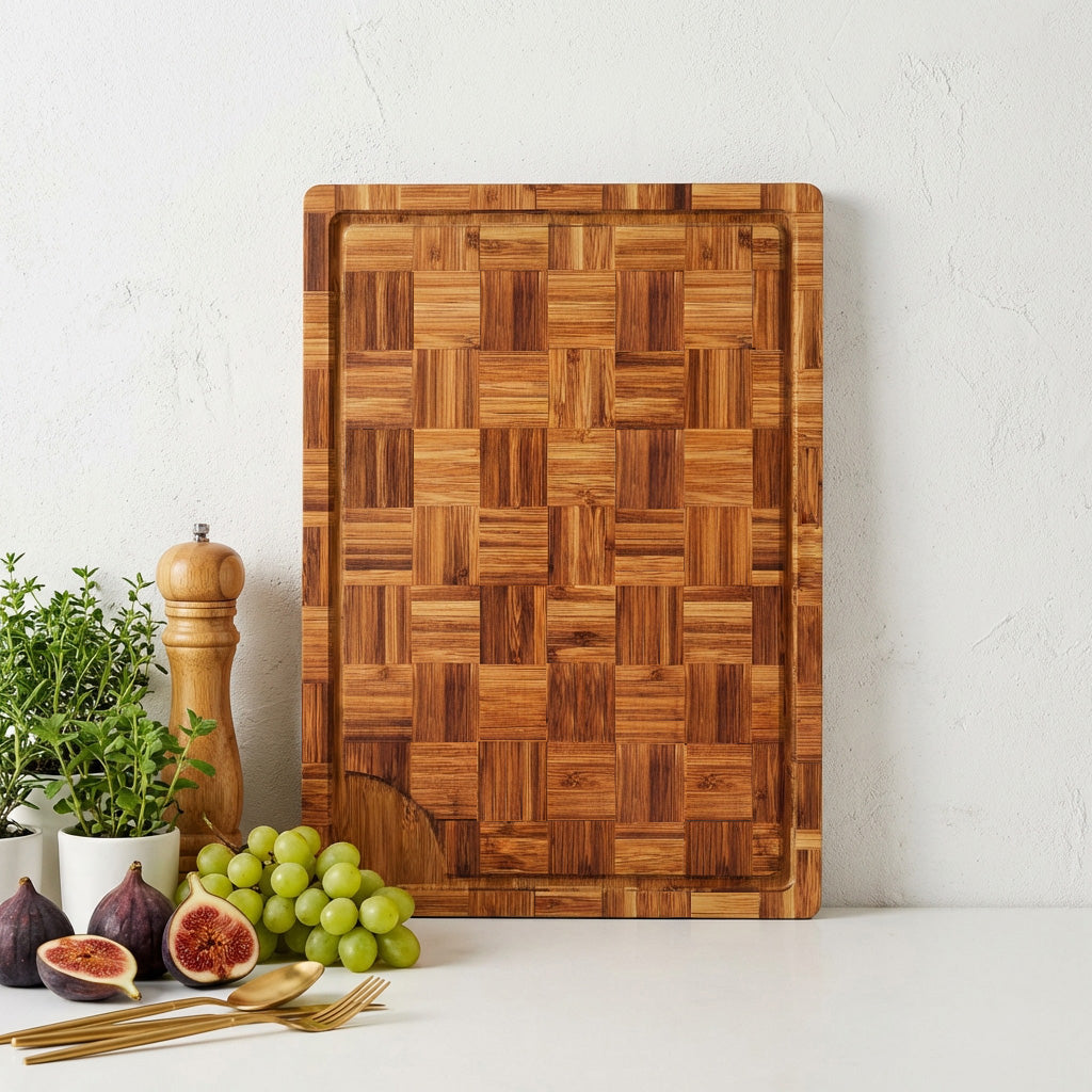 Bamboo Cutting Board 17" x 12", Heavy Duty Checkered End Grain Butcher Block for Kitchen with Deep Juice Grooves and Handles for Meat, Cheese, Charcuterie and Dough