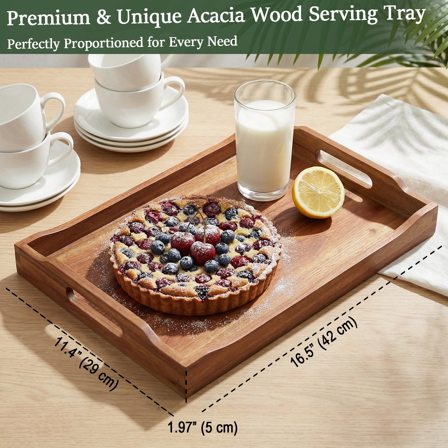 Acacia Wood Serving Tray with Handles, Rectangular Wooden Ottoman Tray for Coffee Table, Breakfast in Bed, Drinks, Kitchen Countertop and Home Decor