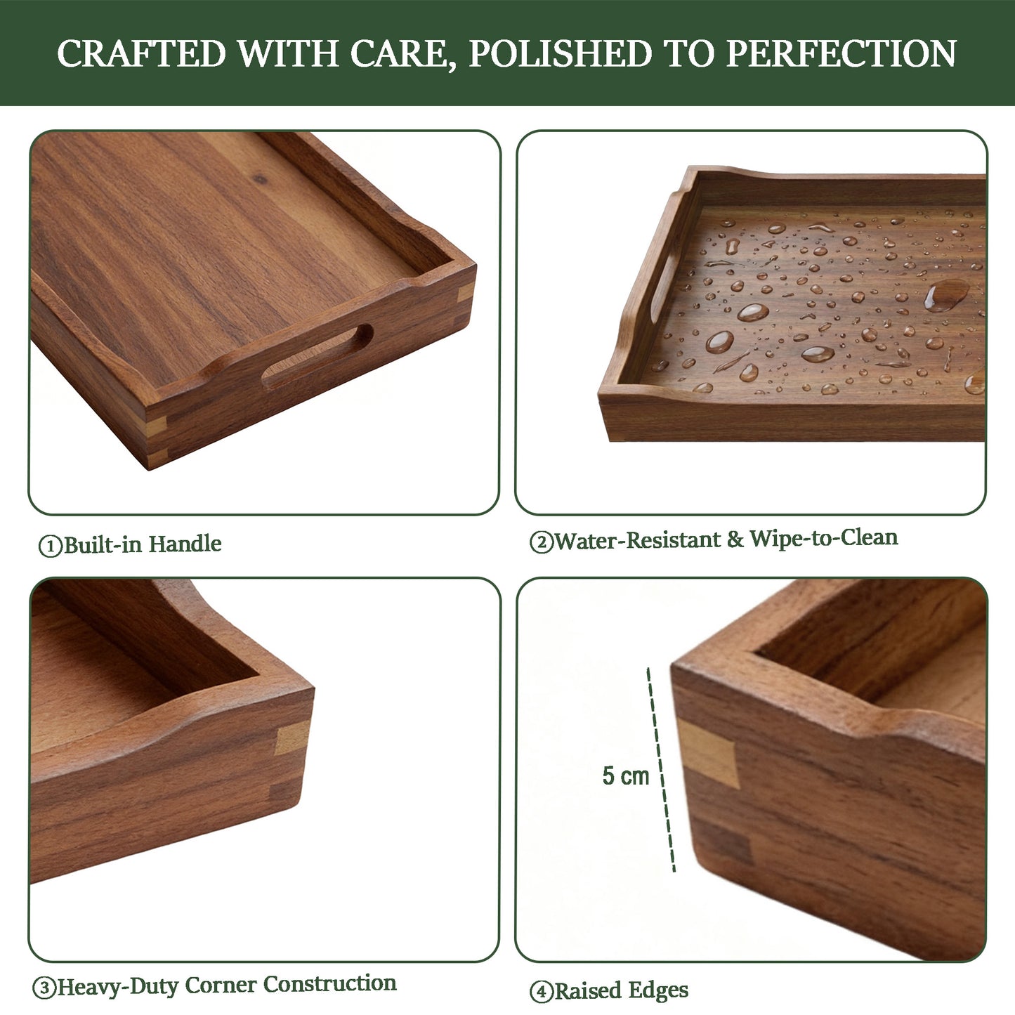 Acacia Wood Serving Tray with Handles, Rectangular Wooden Ottoman Tray for Coffee Table, Breakfast in Bed, Drinks, Kitchen Countertop and Home Decor
