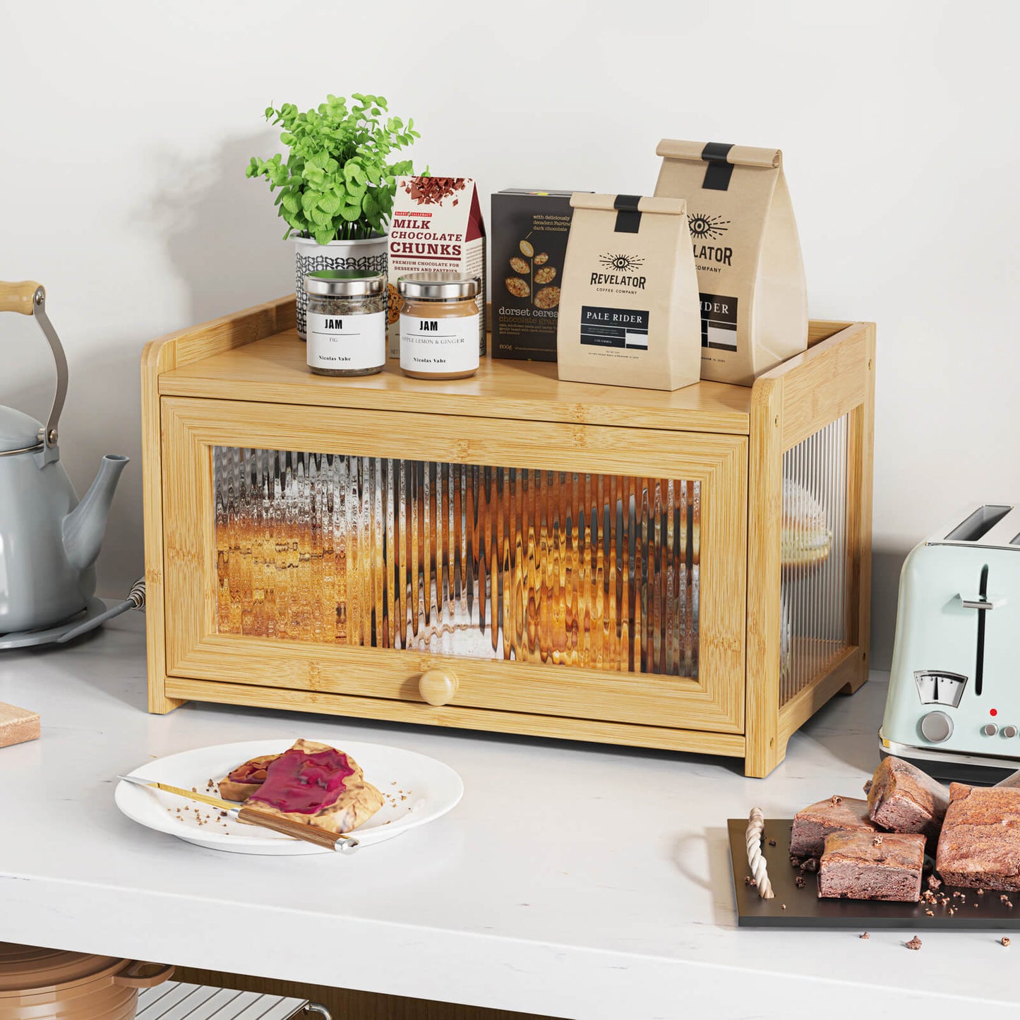 PLUSINTHEBOX Bamboo Bread Box with 3 Sides Wavy & Back Clear Window