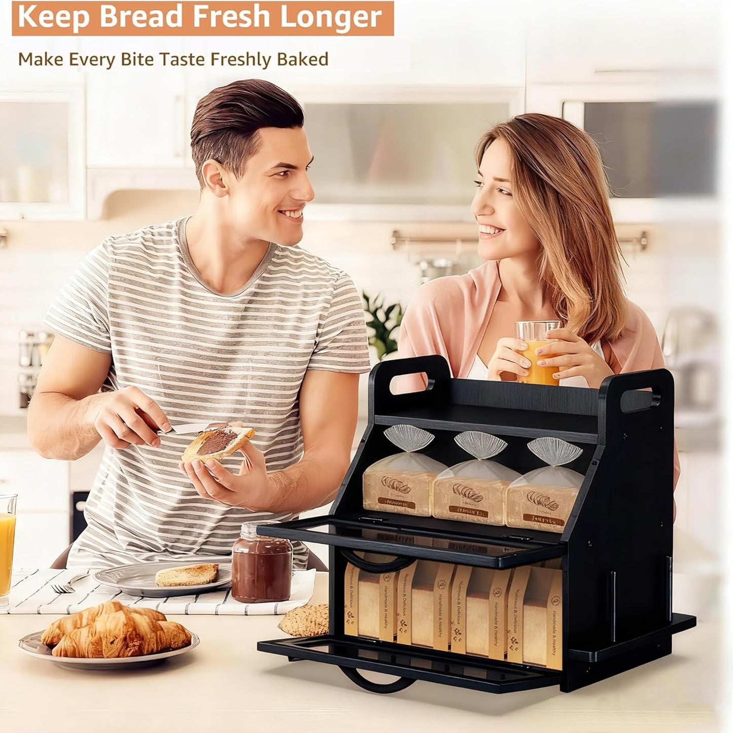 Extra Large Bread Box, Double Layer Bread Box for Homemade Bread, Bamboo Wooden Bread Storage Container with Tool Holder & Handles & Window, Assembly Required(14.9" x 11" x 15.3") Black