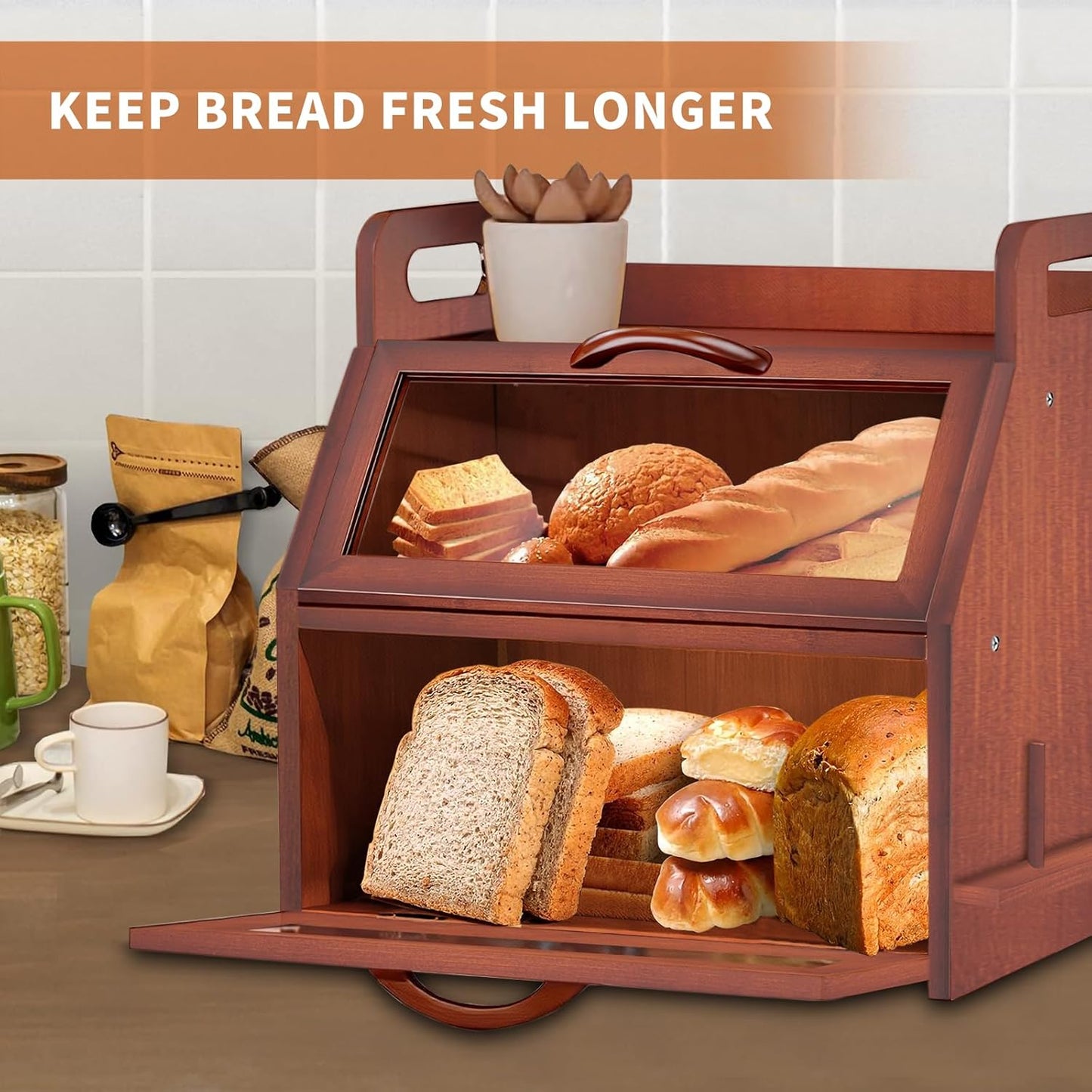 Extra Large Bread Box, Double Layer Bread Box for Homemade Bread, Bamboo Wooden Bread Storage Container with Tool Holder & Handles & Window, Assembly Required(14.9" x 11" x 15.3") Brown