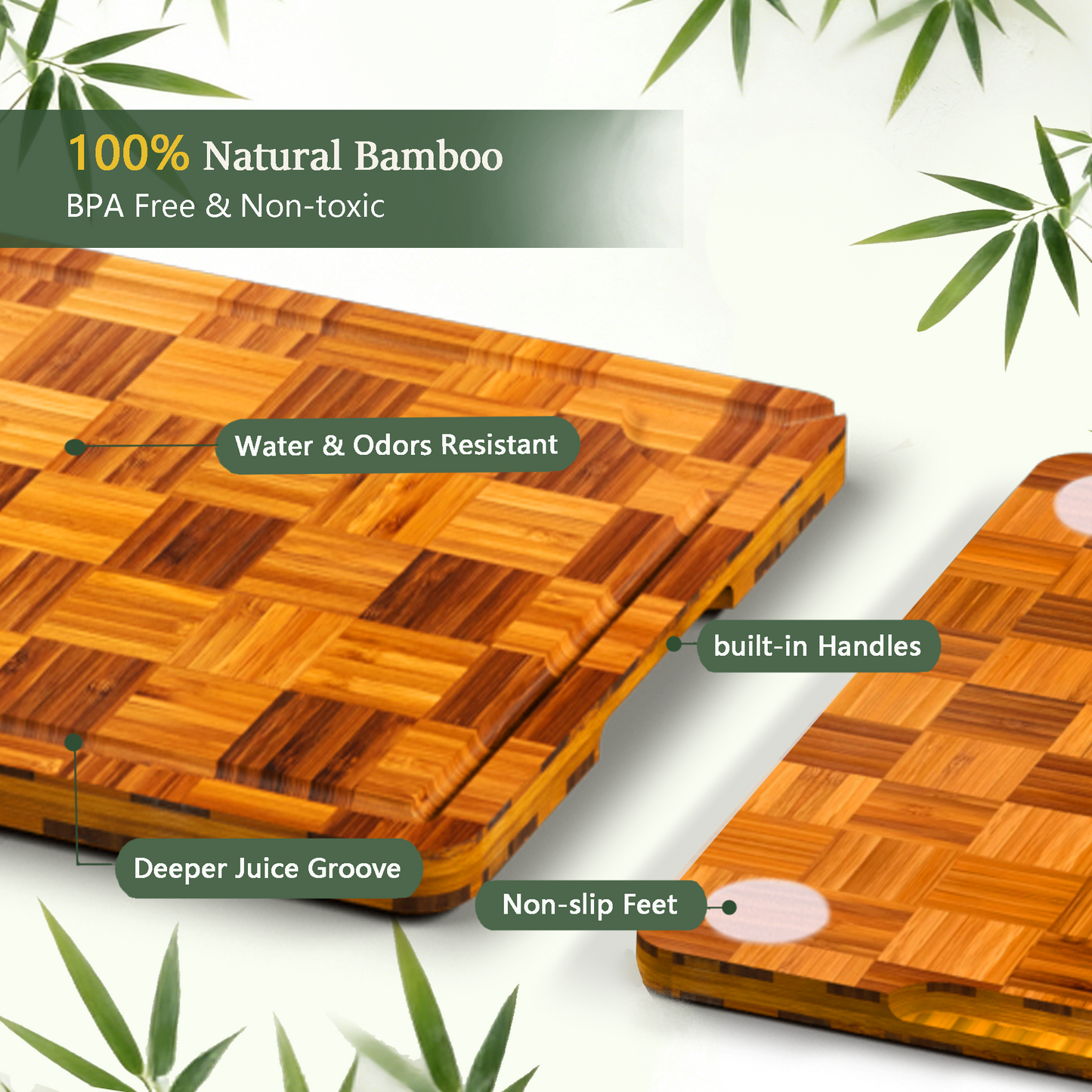 Bamboo Cutting Board Set of 3 with Stand, Checkered End Grain Cutting Boards for Kitchen with Deep Juice Grooves for Meat, Cheese, Charcuterie and Kitchen Prep