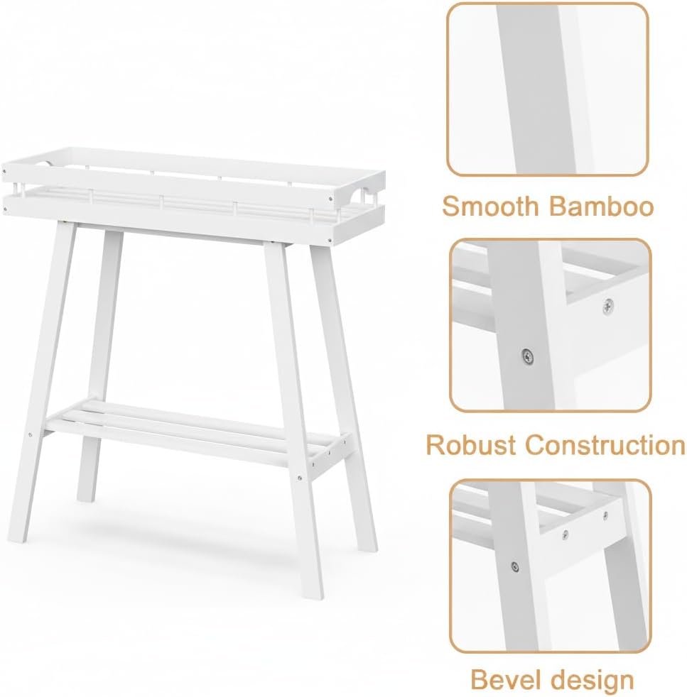 Bamboo Plant Stand Indoor, 2 Tier Small Plant Table, Tall Plant Stand for Indoor Plants, Window Sill Plant Shelf, Flower Pot Holder Plant Bench Plant Rack for Living Room, White