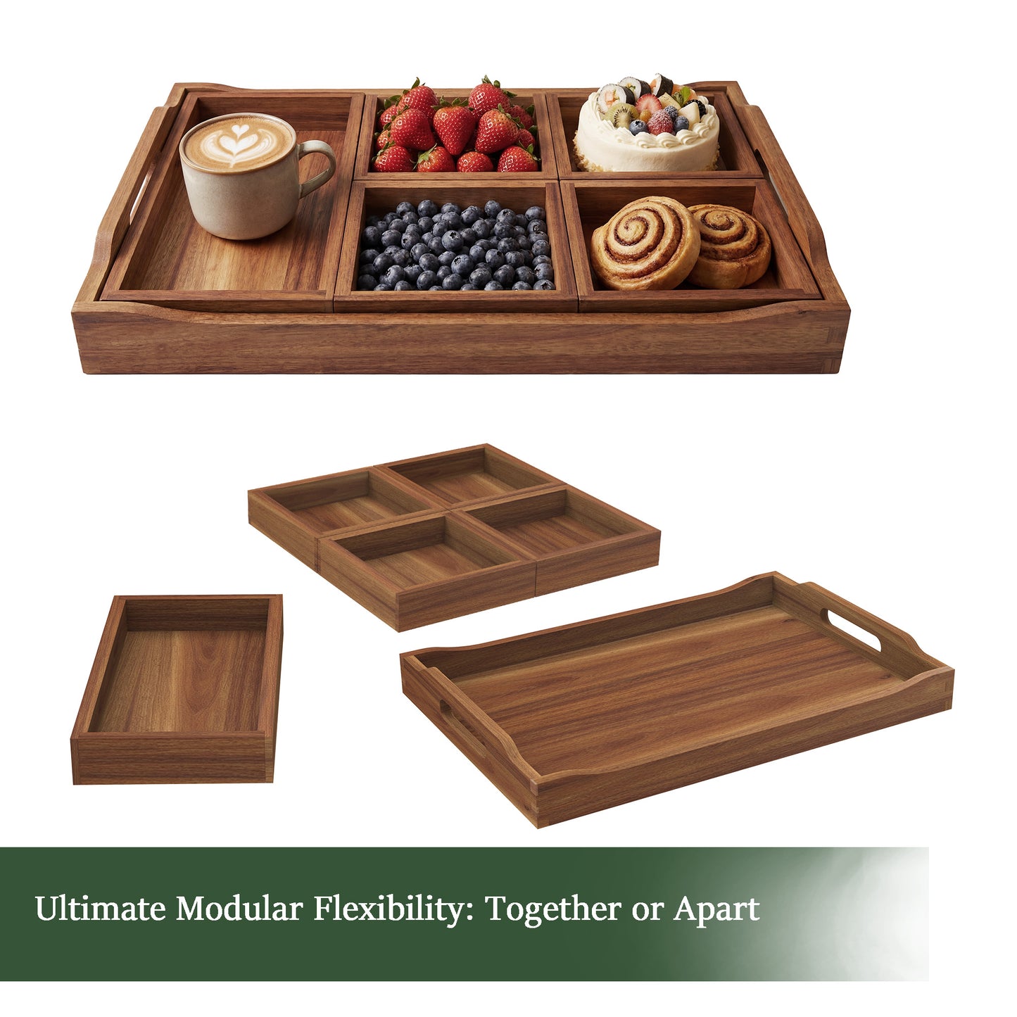 Serving Tray with 5 Removable Snack Boxes,Acacia Wood Snack Tray for Parties and Entertaining, Movie Night, Coffee Table and Charcuterie Serving