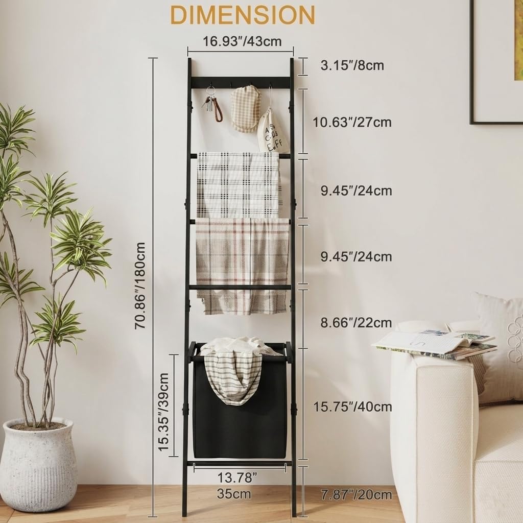 Bamboo Blanket Ladder with Basket, 5-Tier Quilt Rack Stand with 4 Hooks & Storage Hamper for Living Room Bathroom, Wall Leaning Decorative Ladder Shelf for Blankets Display (Brown)