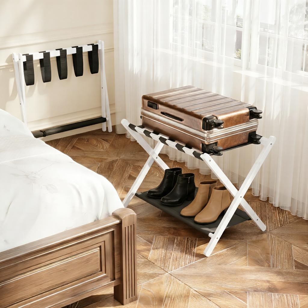 Bamboo Luggage Rack for Guest Room, 26.77" Folding Wide Suitcase Stand with Fabric Storage Shelf, Thickened Luggage Stand Holder for Bedroom Hotel, Luggage Rack for Suitcases (1 Pack - White)