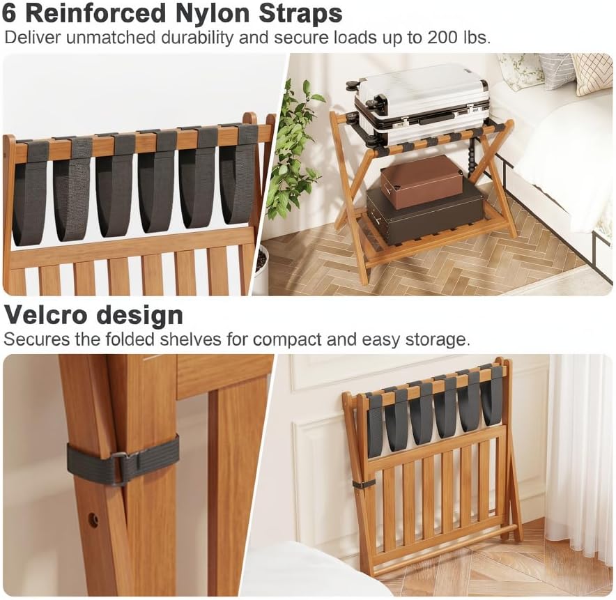 Bamboo Luggage Rack for Guest Room, Wide Suitcase Stand with Storage Shelf, Folding Luggage Stand Holder for Bedroom Hotel, 26.77" Thickened Luggage Rack for Suitcases, Tea brown