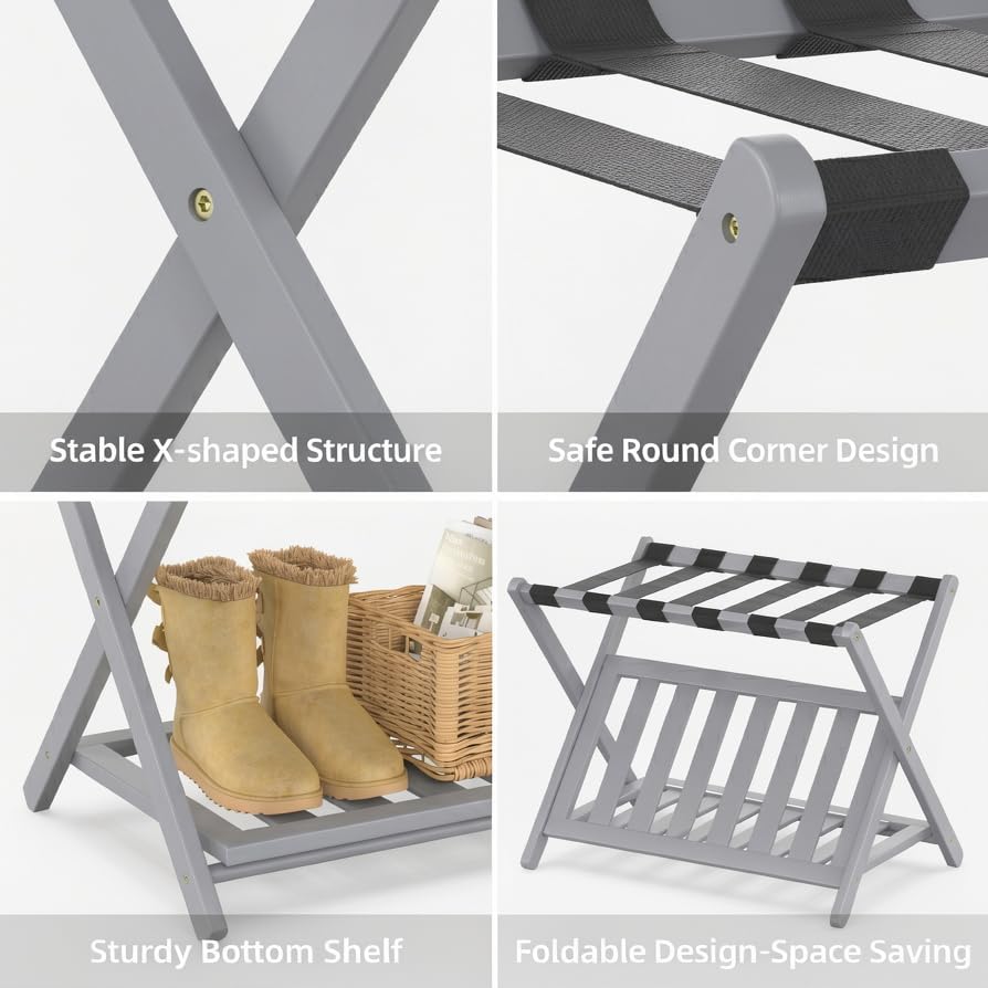 Bamboo Luggage Rack for Guest Room, Wide Suitcase Stand with Storage Shelf, Folding Luggage Stand Holder for Bedroom Hotel, 26.77" Thickened Luggage Rack for Suitcases, Grey