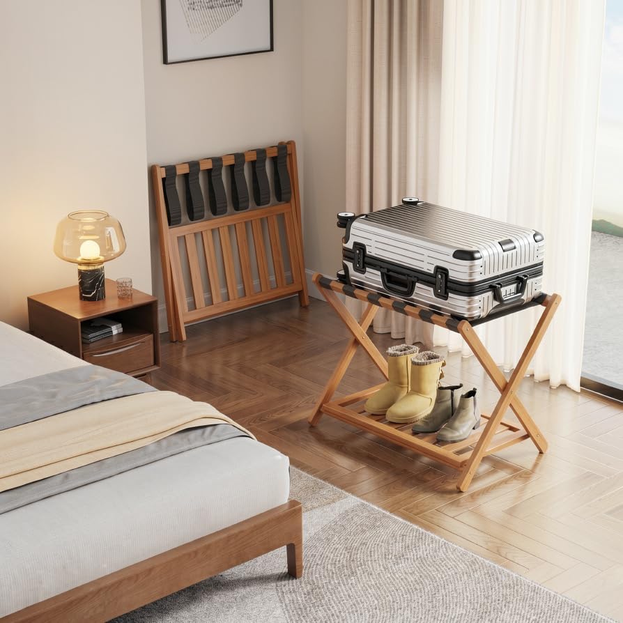 Bamboo Luggage Rack for Guest Room, Wide Suitcase Stand with Storage Shelf, Folding Luggage Stand Holder for Bedroom Hotel, 26.77" Thickened Luggage Rack for Suitcases, Tea brown