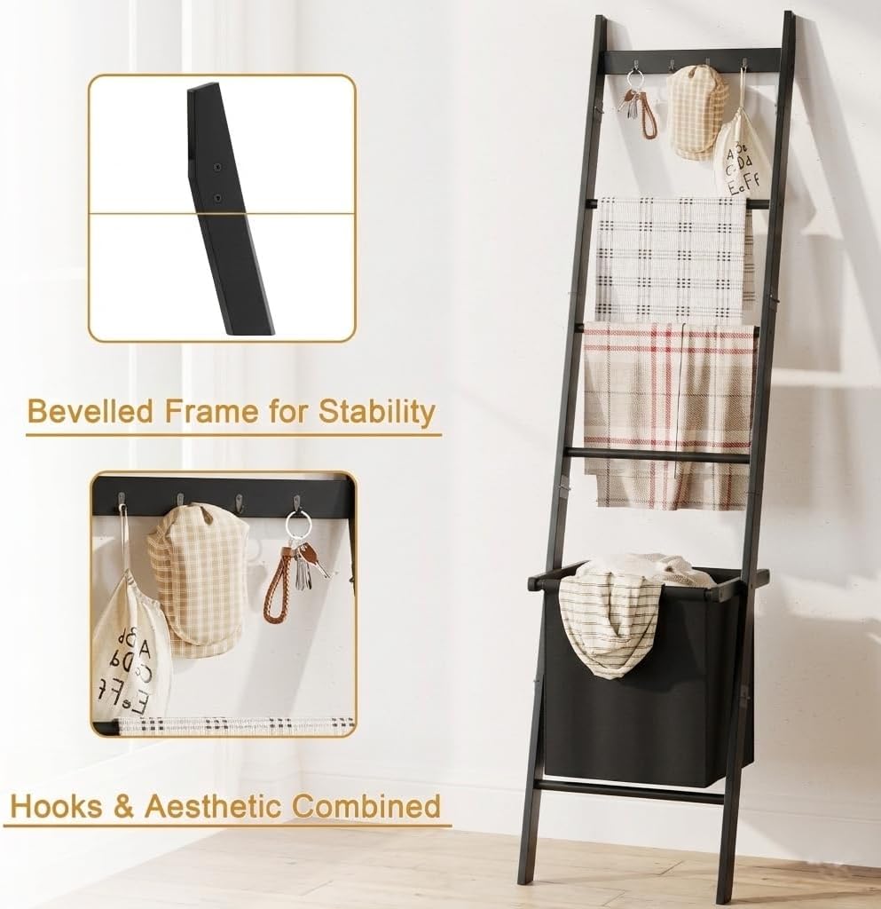 Bamboo Blanket Ladder with Basket, 5-Tier Quilt Rack Stand with 4 Hooks & Storage Hamper for Living Room Bathroom, Wall Leaning Decorative Ladder Shelf for Blankets Display (Brown)