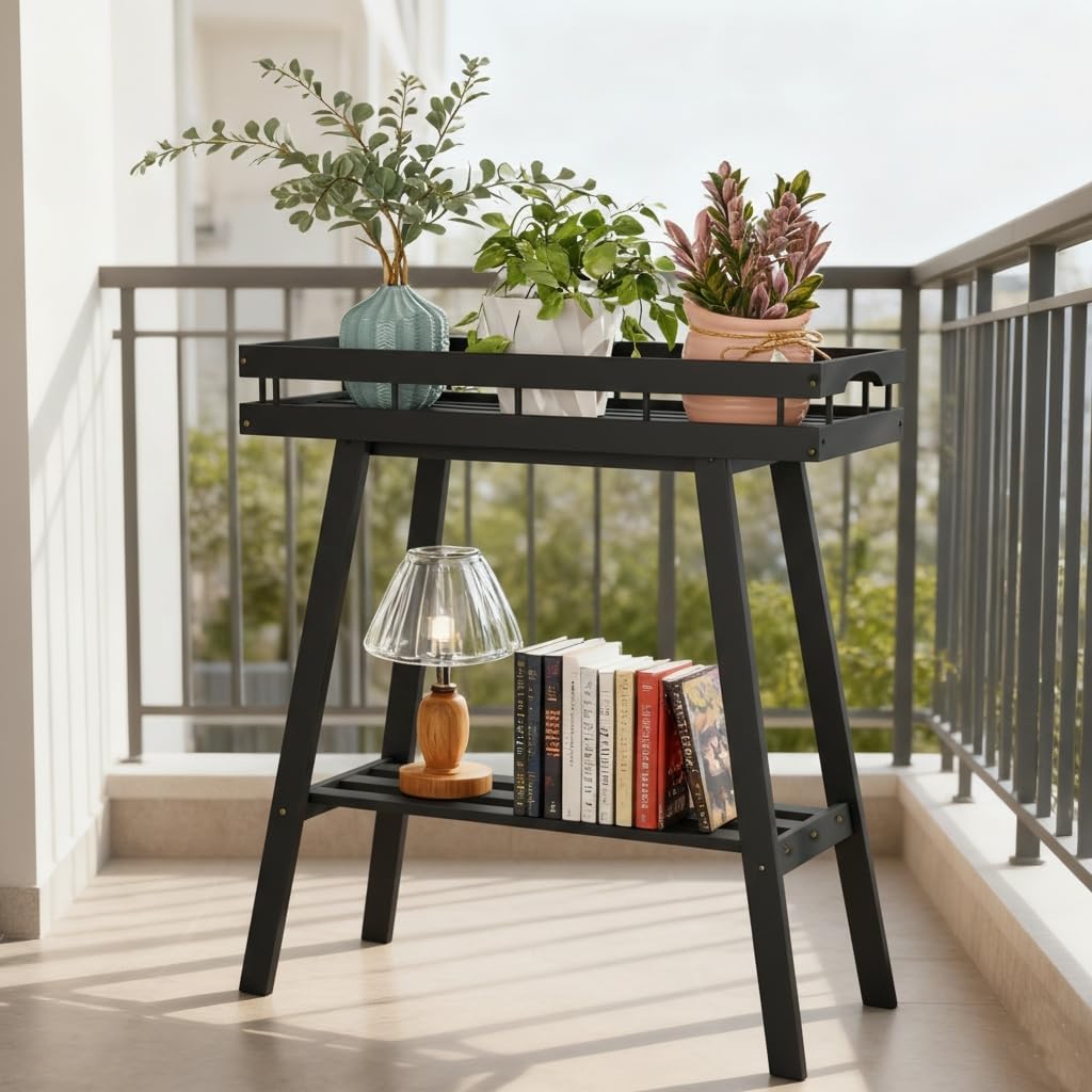 Bamboo Plant Stand Indoor, 2 Tier Small Plant Table, Tall Plant Stand for Indoor Plants, Window Sill Plant Shelf, Flower Pot Holder Plant Bench Plant Rack for Living Room, Black