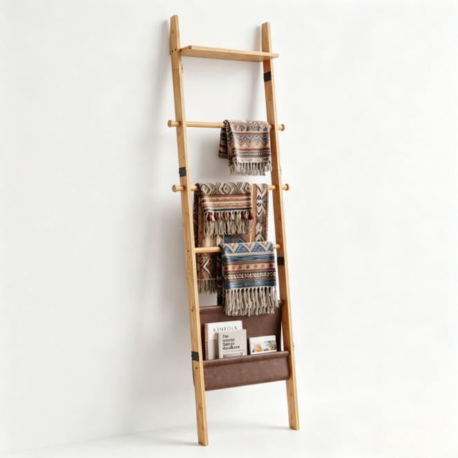 4-in-1 Bamboo Blanket Ladder 5-Tier Storage Rack with Magazine Pocket & Hooks for Living Room