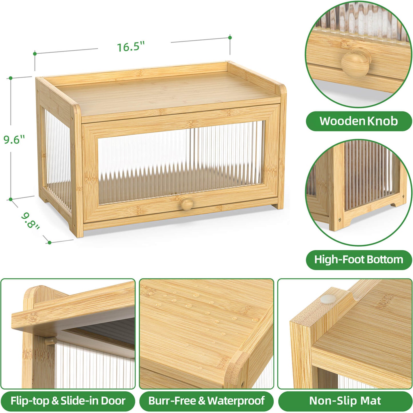 PLUSINTHEBOX Bamboo Bread Box with 3 Sides Wavy & Back Clear Window