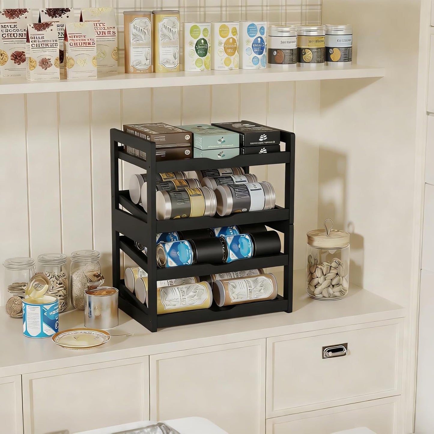 Can Organizer for Pantry, Detachable Bamboo 4 Tier Stackable Can Storage Rack, Rolling Soda Can Dispenser Can Holders for Cabinet, Holds Up to 48 Cans, Black