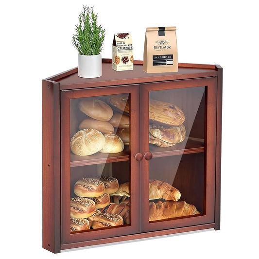 Bread Box, Double Layer Bamboo Bread Bin for Homemade Bread Bakers and Corner Kitchen Countertop with Double Doors, Not Suitable for Oversized Loaves, Brown