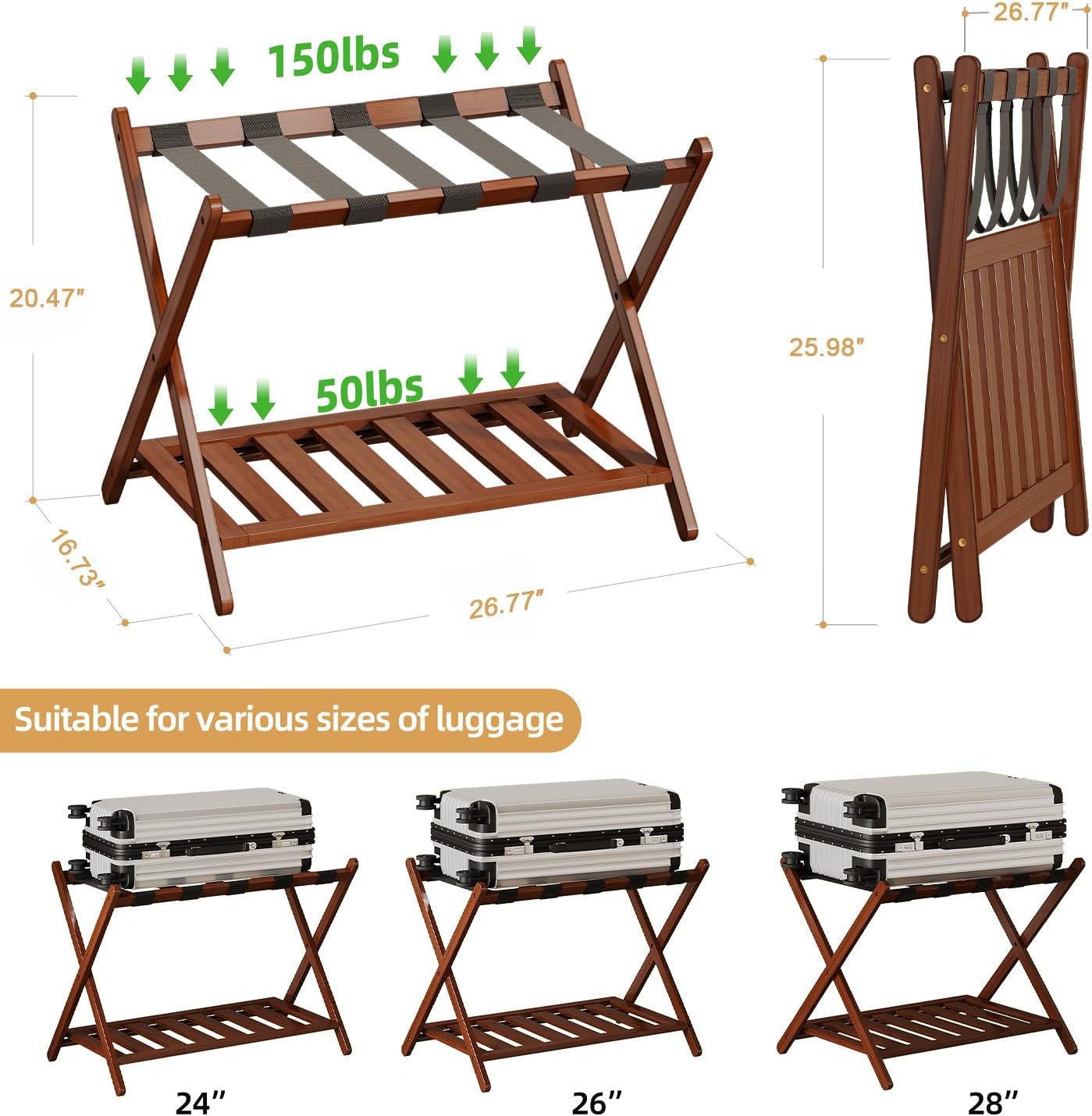 Full Assembled Luggage Rack Set of 2, Bamboo Luggage Holder Rack for Guest Room, 26.77" L Folding Suitcase Stand with 5 Nylon Straps & Storage Shelf for Bedroom Hotel (2 Pack - Brown)
