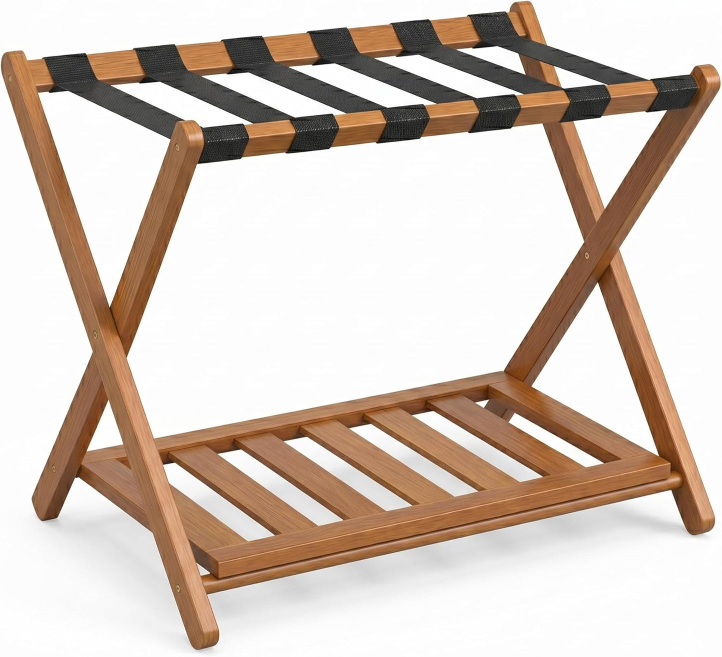 Bamboo Luggage Rack for Guest Room, Wide Suitcase Stand with Storage Shelf, Folding Luggage Stand Holder for Bedroom Hotel, 26.77" Thickened Luggage Rack for Suitcases, Tea brown