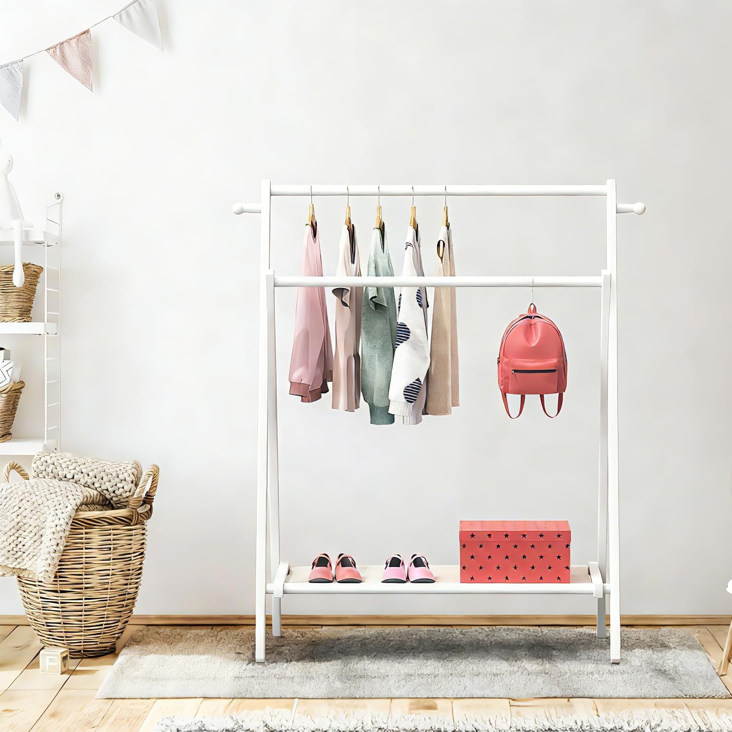 Kids Clothing Rack, Small Clothes Rack for Toddler Pets, Kids Dress Up Rack with Storage Shelf & Double Rods, Foldable Kids Clothes Rack for Nursery Child's Room (Regular Size - White)