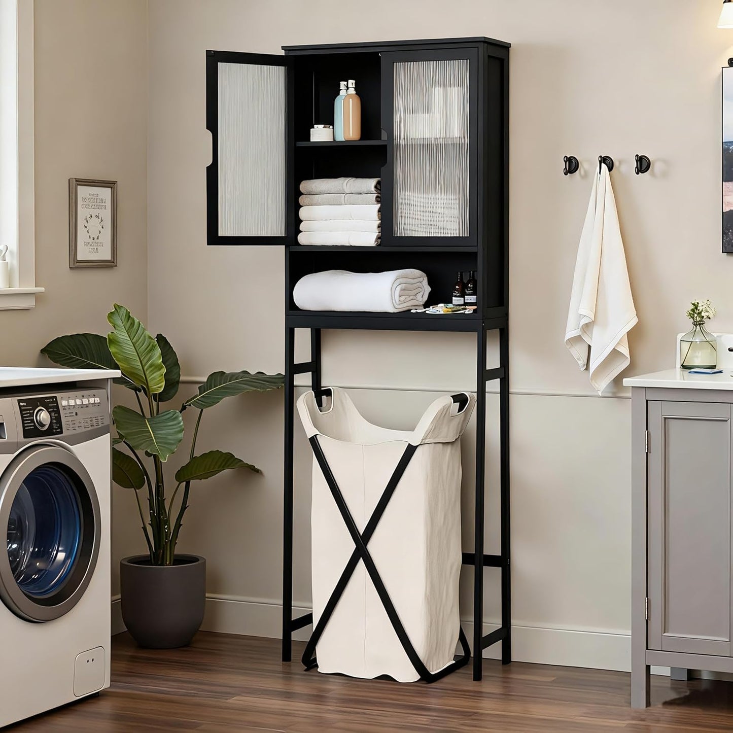 Over The Toilet Storage Cabinet, Bamboo Bathroom Over Toilet Storage Organizer with Adjustable Shelves and Double Doors, Above Toilet Storage Cabinet (Black)