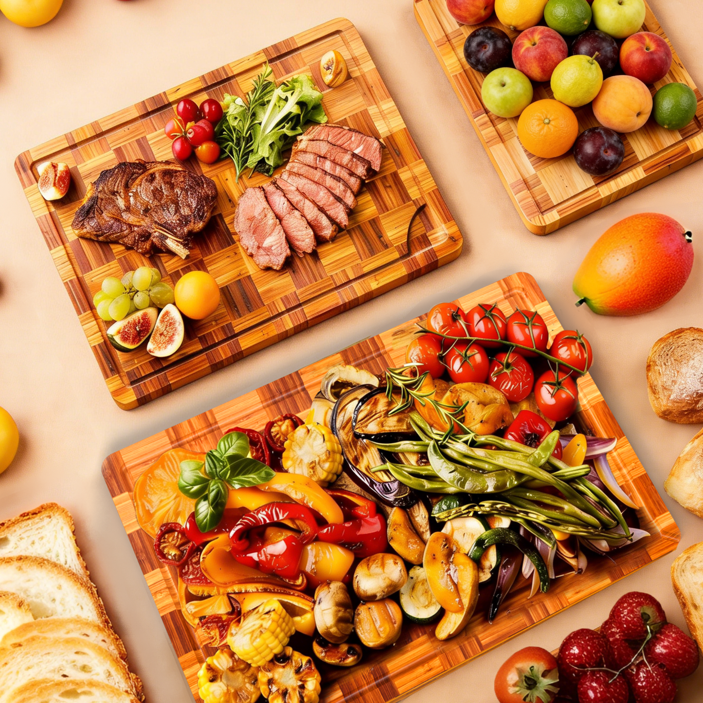 Cutting Board,Heavy Duty Cutting Board Set of 3 with Stand,End Grain Butcher Block Cutting Boards for Kitchen with Juice Grooves and Handles for Meat, Cheese, Charcuterie and Serving
