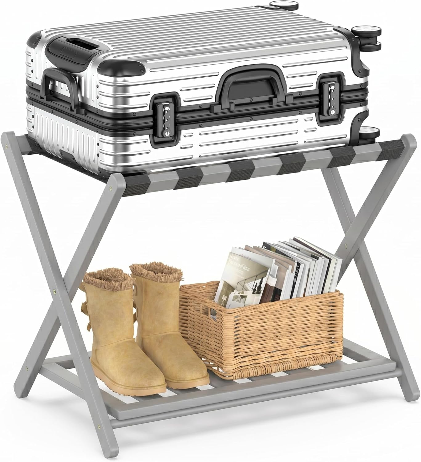 Bamboo Luggage Rack for Guest Room, Wide Suitcase Stand with Storage Shelf, Folding Luggage Stand Holder for Bedroom Hotel, 26.77" Thickened Luggage Rack for Suitcases, Grey