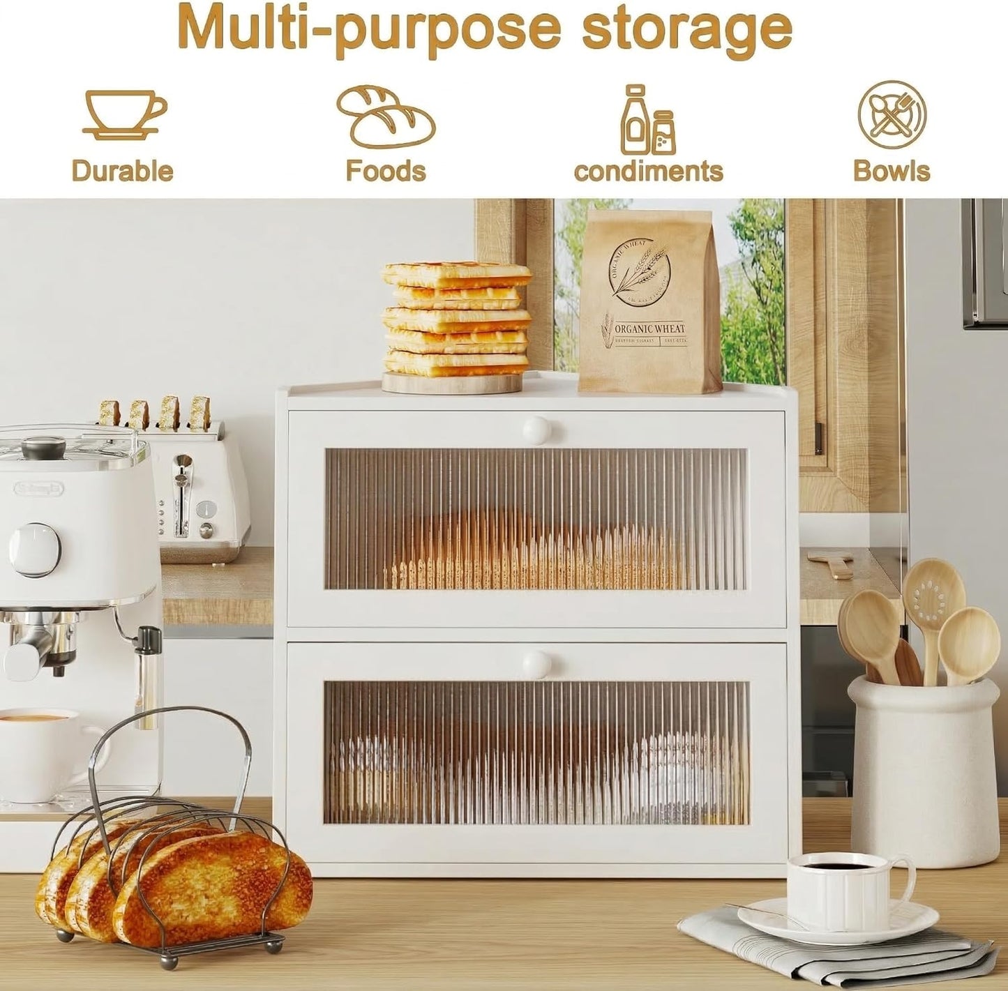 Corner Bread Box for Kitchen Countertop, Double Layer Bamboo Bread Storage Container with Wavy Windows, Farmhouse Large Bread Bin, Wooden Breadbox Holder for Homemade Bread (White)