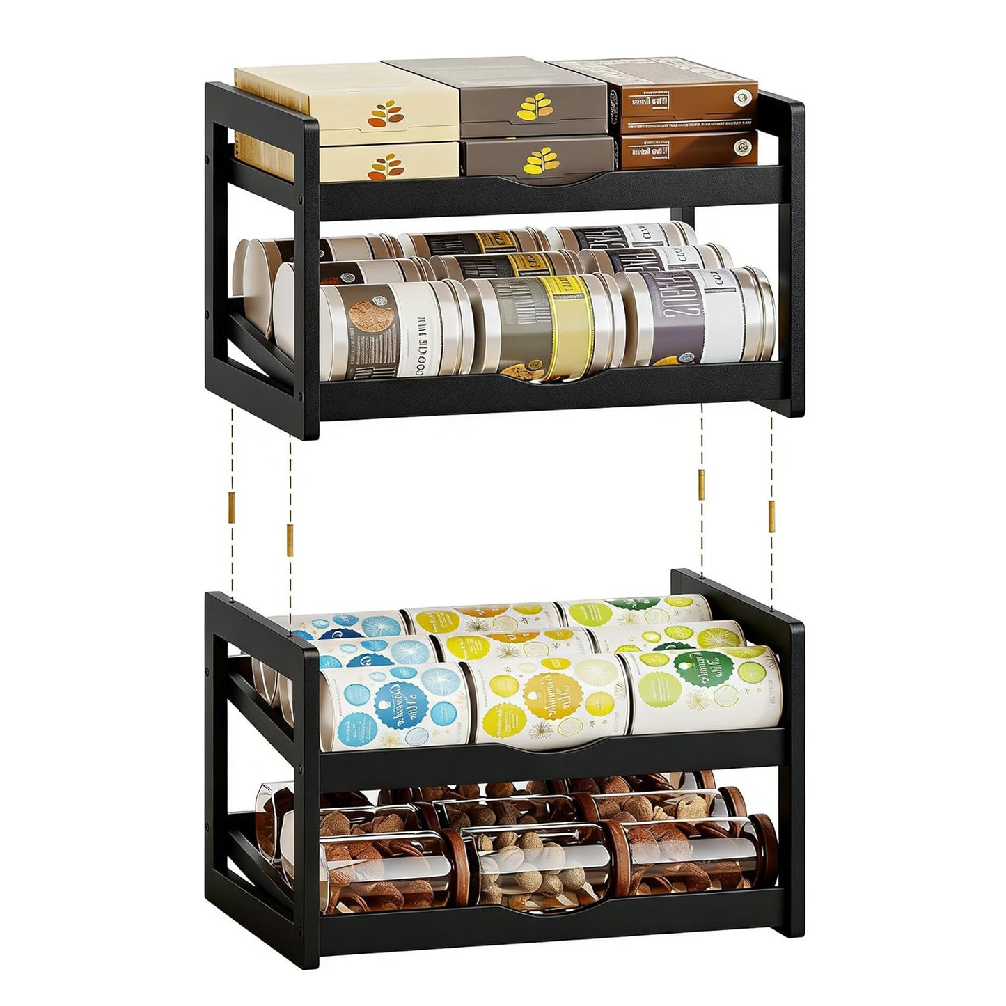 Can Organizer for Pantry, Detachable Bamboo 4 Tier Stackable Can Storage Rack, Rolling Soda Can Dispenser Can Holders for Cabinet, Holds Up to 48 Cans, Black